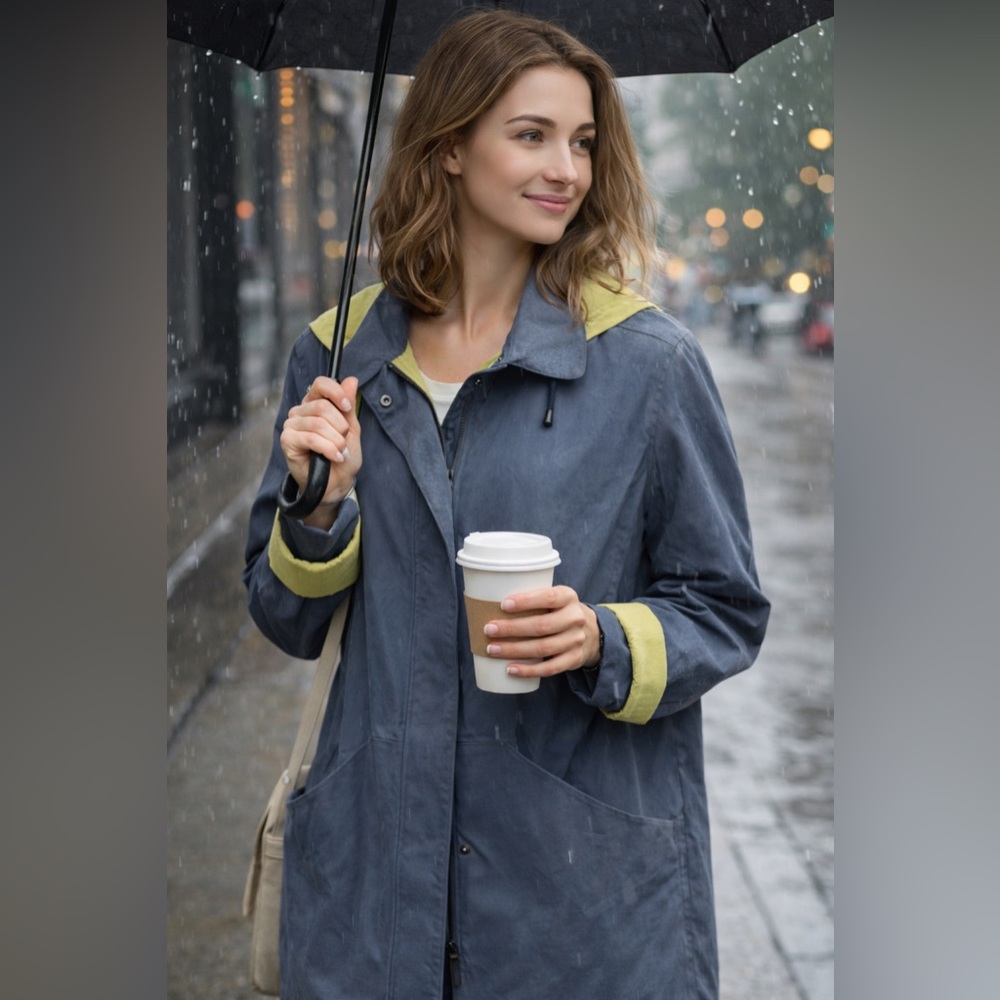 Bernardo Slate Blue Lightweight Hooded Rain Jacket Contrast Lining Small